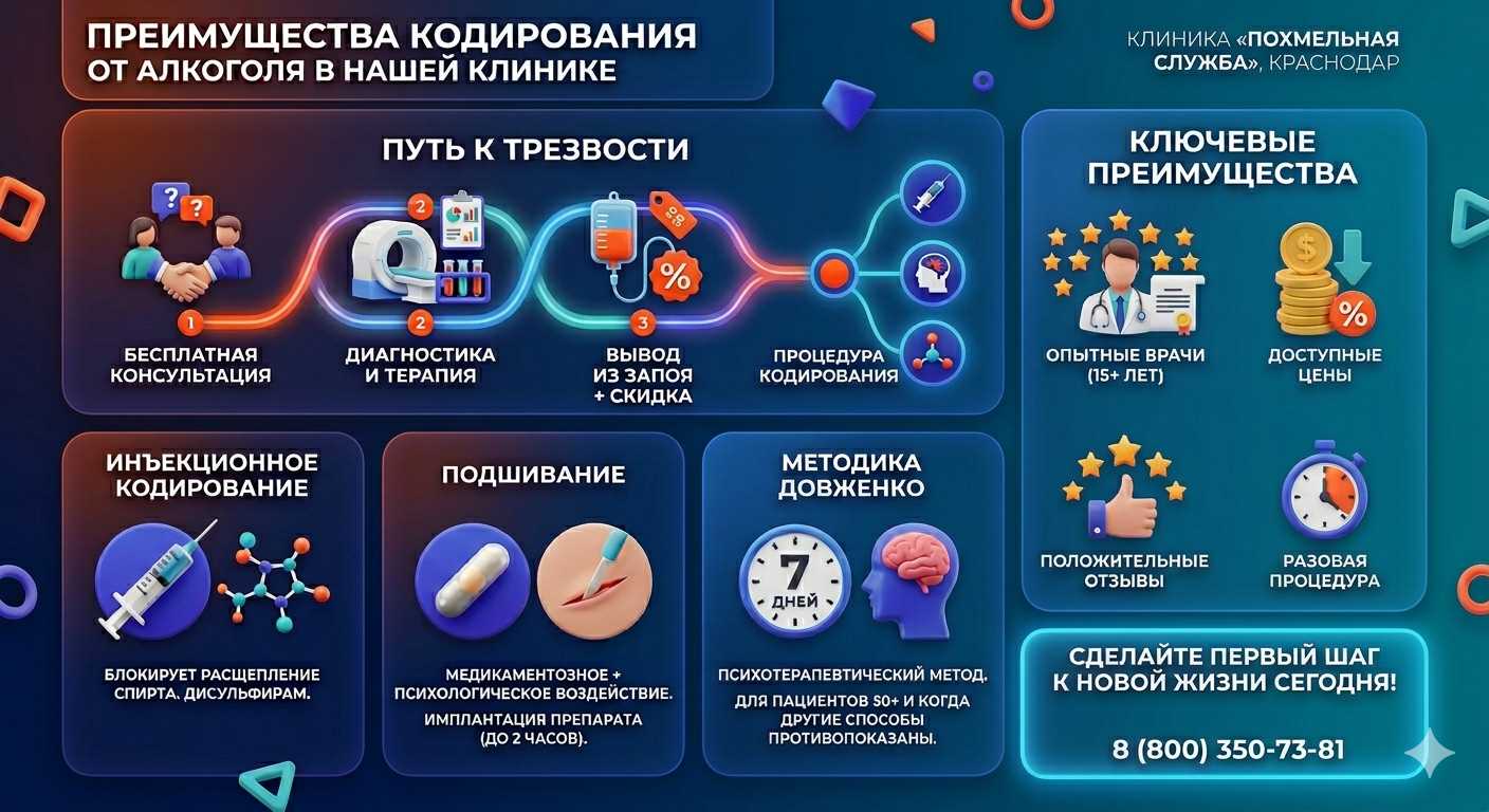 Инфографика о методах кодирования от алкоголя в Ванино: инъекции, подшивание, метод Довженко. Преимущества клиники и этапы лечения.